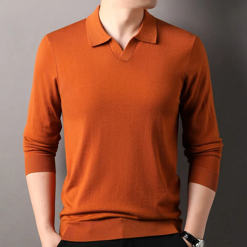 New Daily Long Sleeved Turn-down Collar Pullovers Men's Casual Sweater Polo Collar Solid Color Elastic Wearing Outside Sweater