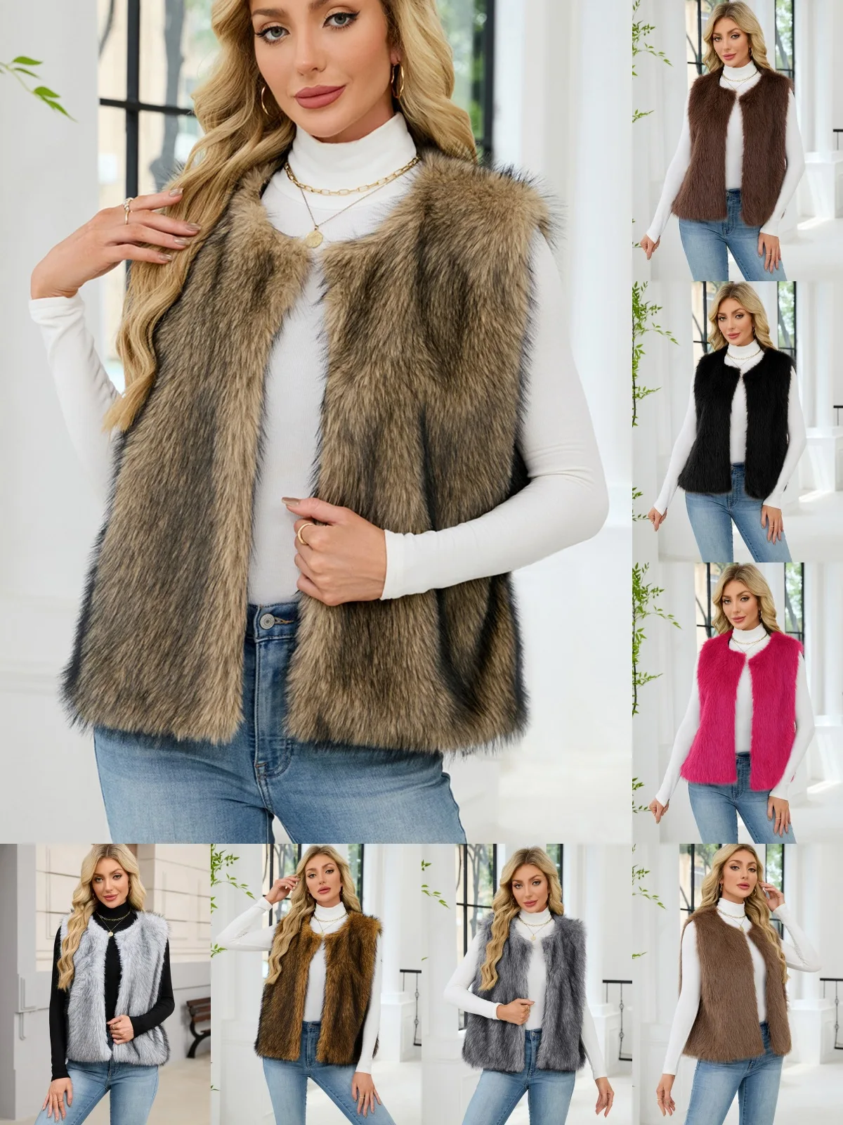Women's Faux Fur V-Neck Vest - alternate angle
