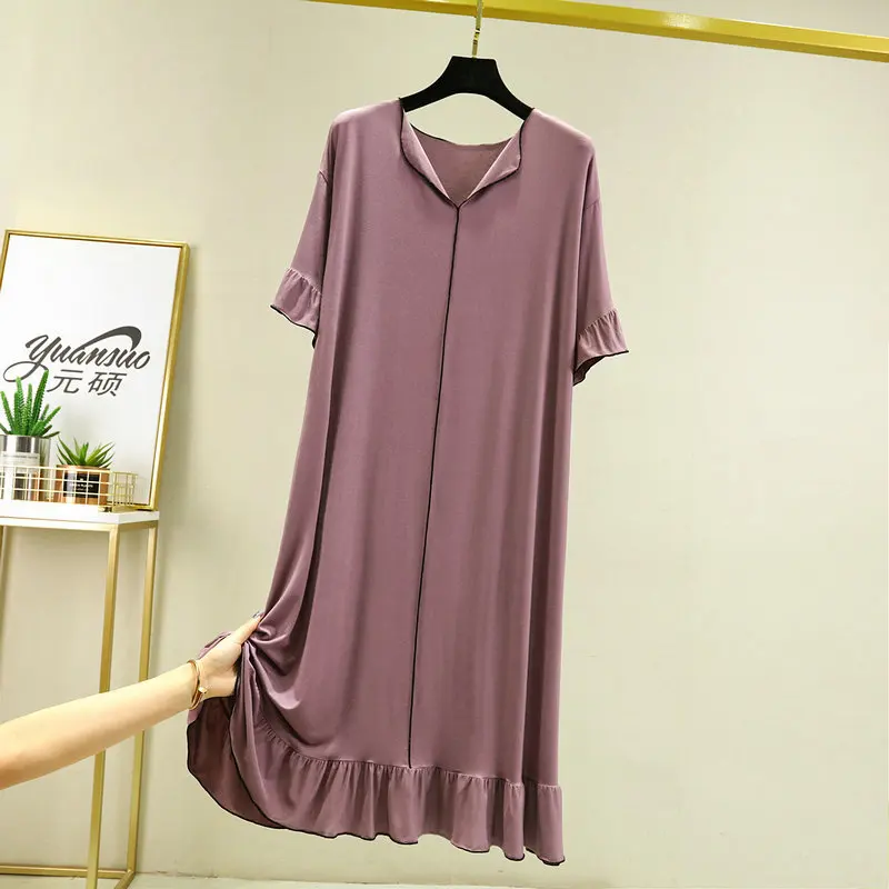 Fdfklak Modal V-Neck Women Nightgowns Thin Short Sleeve Loose Summer Homewear Fashion Soft Leisure Fish Tail Night Dress