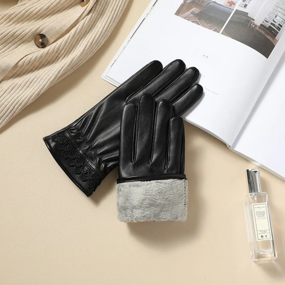 PU Leather Winter Gloves Women Touchable Screen Warm Touch Screen Gloves Full Finger Windproof Windproof Cold Proof Gloves