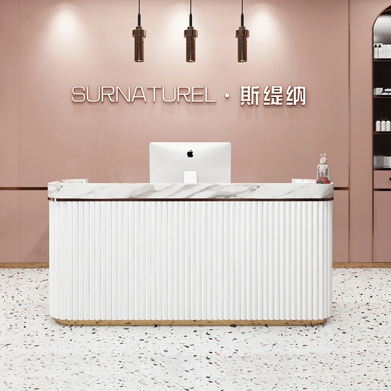 Contadores de caja modernos de lujo ligeros, contadores de caja en forma de arco para peluquería tipo mármol, muebles de recepción Cajero JT40C