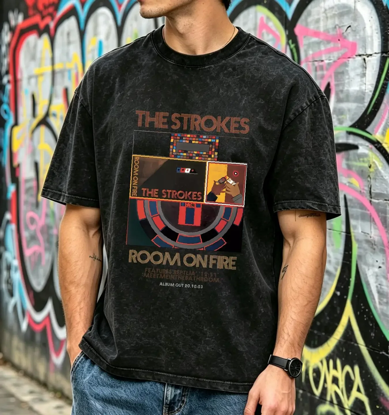 washed T Shirt The room on fire Strokes Retro vintage Washed graphic Stretched fashion Versatile Unisex Comfortable streetwear