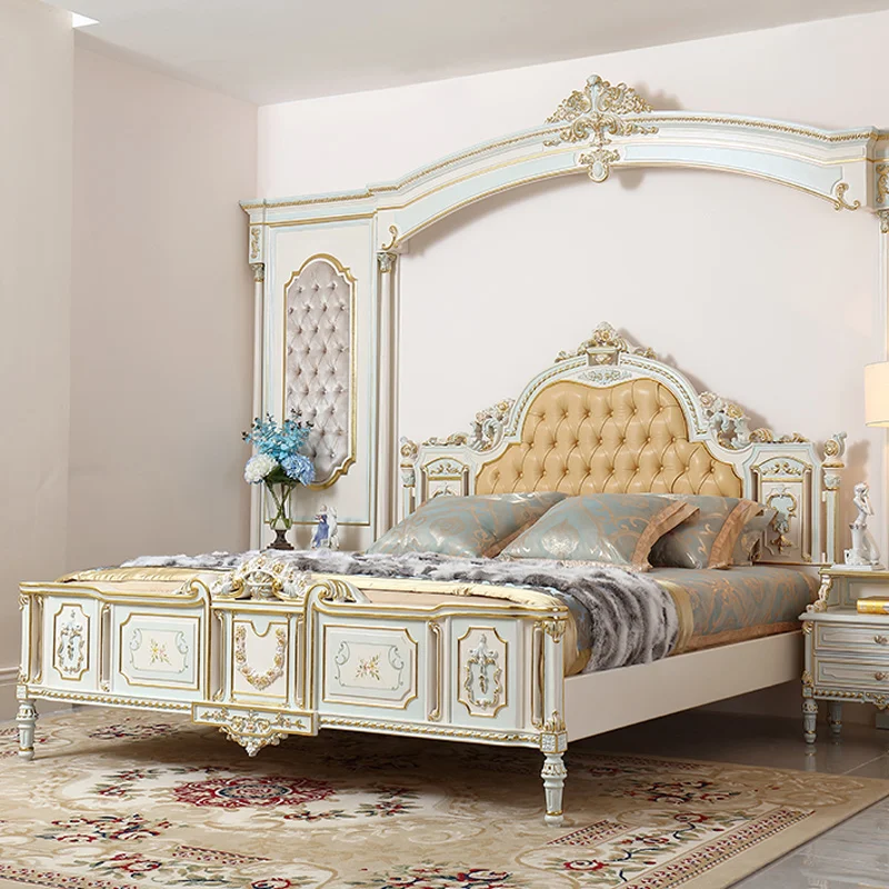 Palace French furniture solid wood carving Rococo crack paint 2-meter double king bed 1.8-meter wedding bed