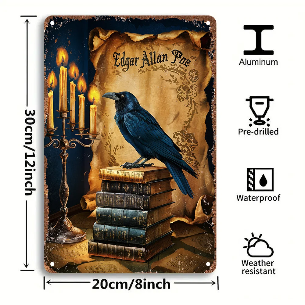 1 Vintage Edgar Allan Poe Raven,Antique Books Aluminum Wall Art Sign -  Weather-Resistant Metal Decor with Pre-Drilled Holes, Wa