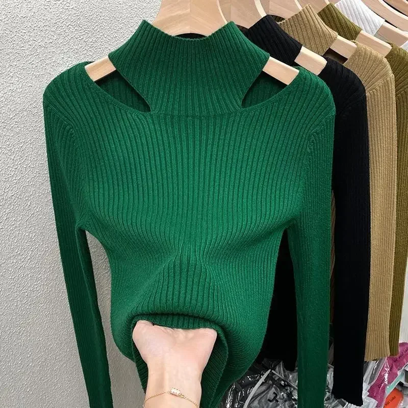 Blusa elegante de punto para mujer, jerséis ahuecados, Sexy, ropa coreana para mujer, camisa de fondo de manga completa sólida, Otoño e Invierno