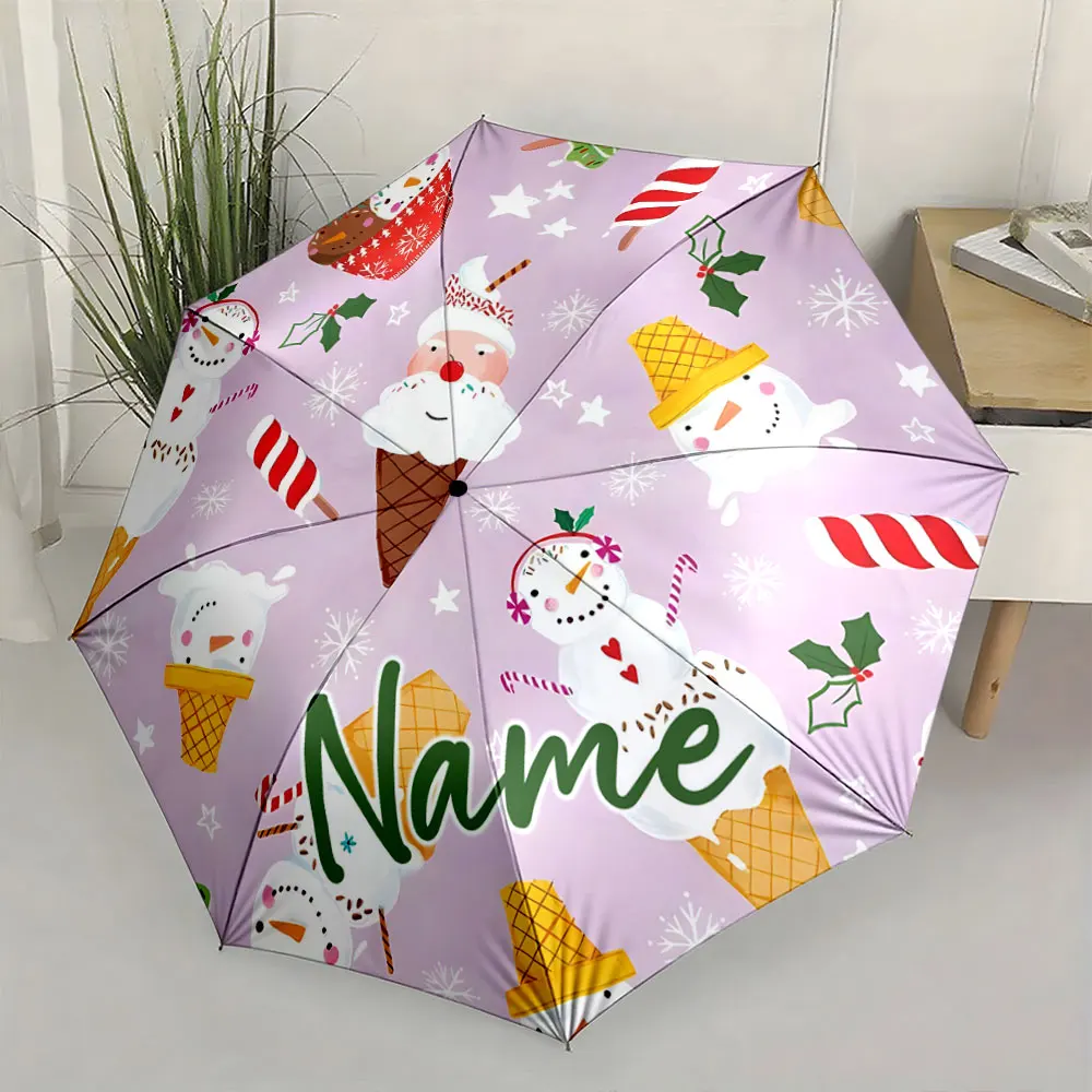 Custom Name Whimsical Snowman Ice Cream Umbrella Design Print 8 Iron Ribs Folding Umbrella Auto-Open Fashion Sunshade