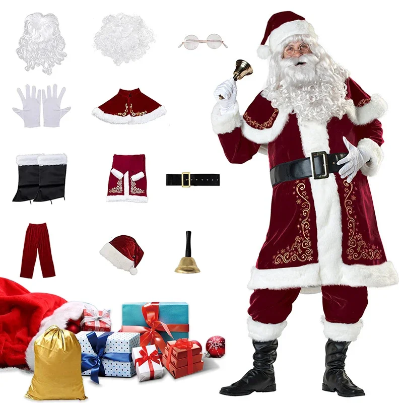 Deluxe Santa Claus costume set women men adult velvet fancy Christmas party cosplay costume Xmas Santa Claus suit 3/12PCs