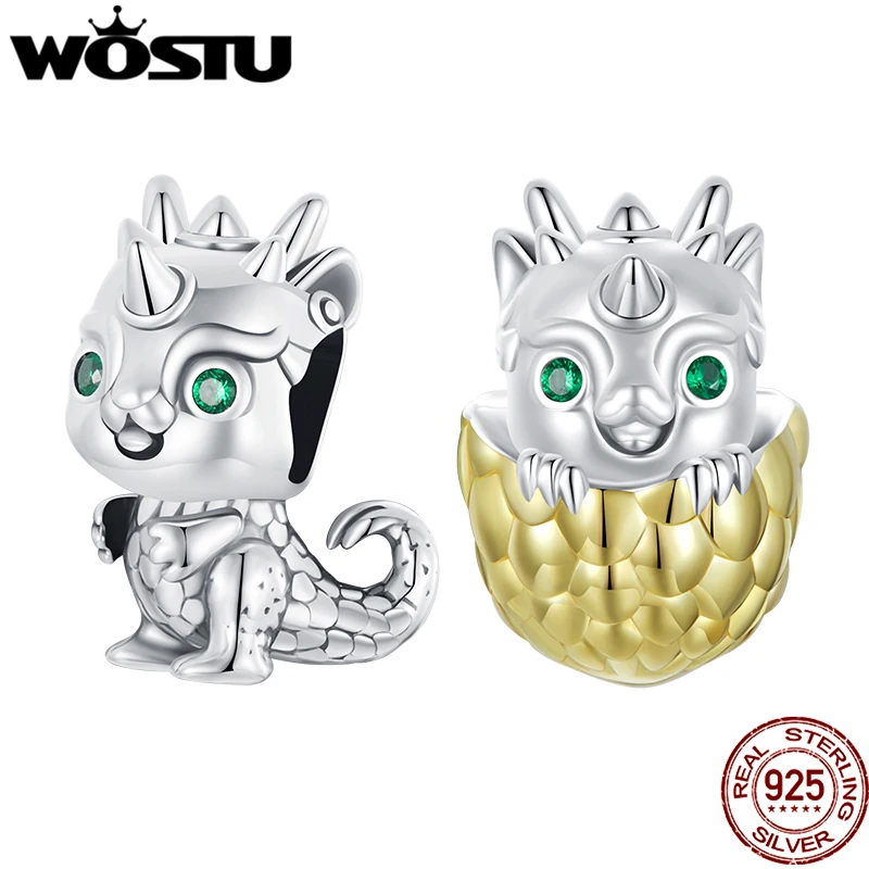 WOSTU 925 Sterling Silver Traditional Dragon Charm Gold Egg Beads Fit Original Bracelet New Year Zodiac Animals Jewelry Gift