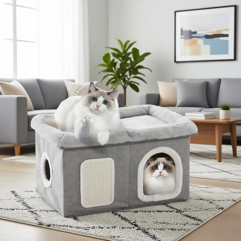 

Extra Wide Foldable Cat Cave Bed with Scratch Pad, Cat Hideaway Condo, 24.4x16.9x14.2 inches, Light Grey