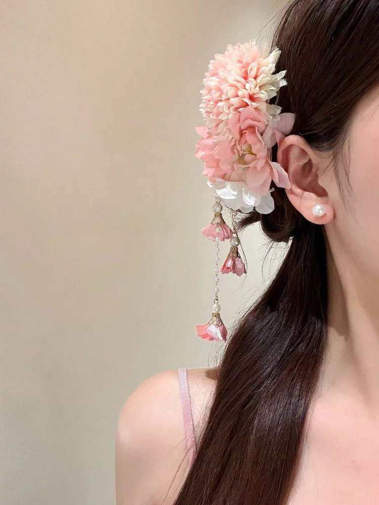 

Blue Floral Tassel Hair Clip for Women New Chinese Sle Side Clip Super Fairy T Holiday Hair Accories