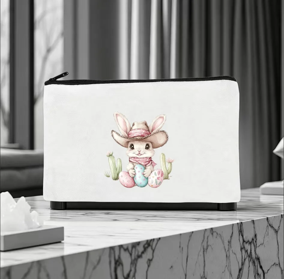 1PC Cute Country Rabbit With Cowboy Hat Pastel Easter Egg Print Canvas Makeup Bag Unisex Daily Stationery Wash Organizer Pouch