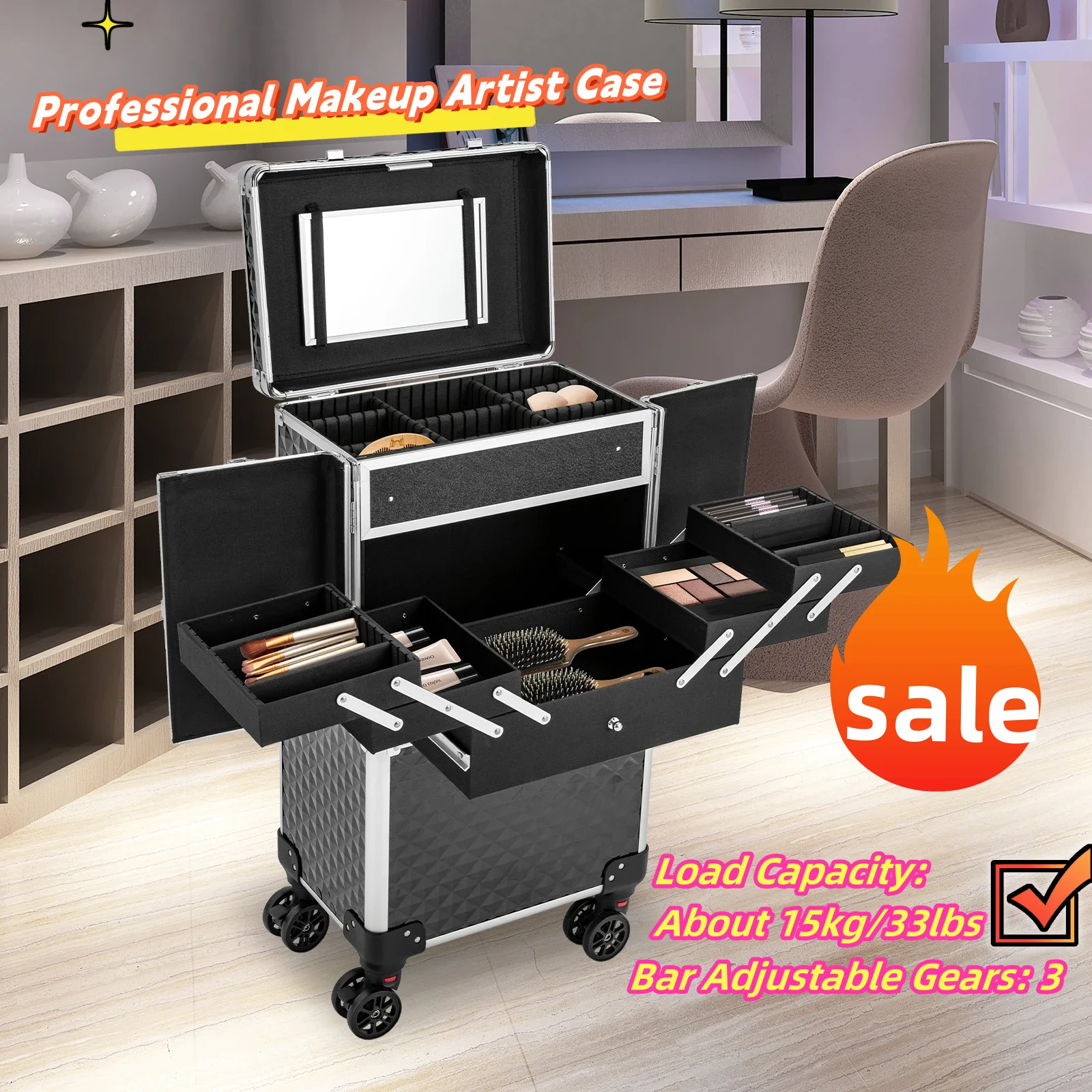 

Professional Makeup Artist Case Multi-functional Cosmetic Case Large Trolley Storage for Nail Beauty Salon