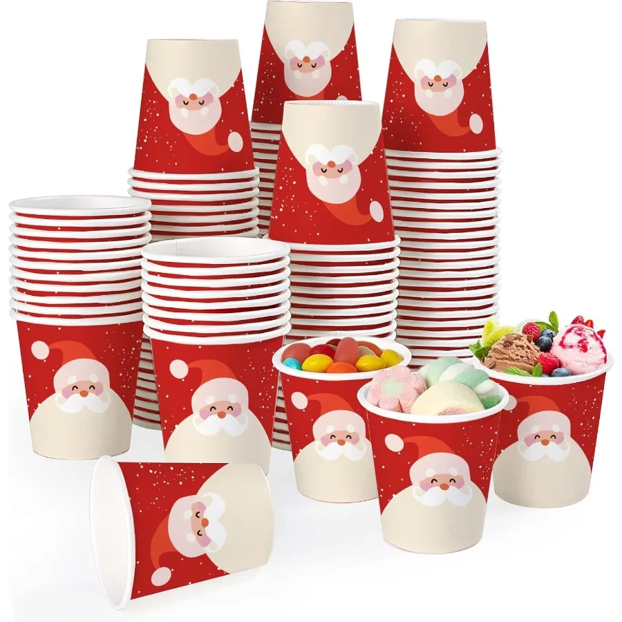

100 Pcs Christmas Paper Cups with Cute Santa Pattern for Holiday Tableware Supplies Disposable 9 oz Coffee Cups Ideal for Hot C