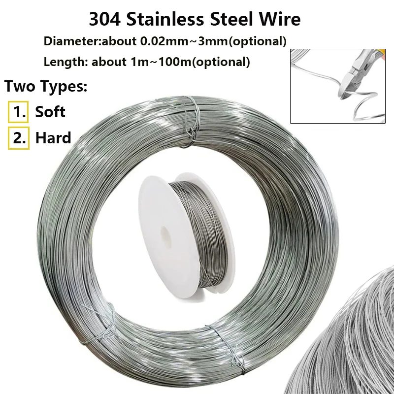 Length100meter-1meter 304 Stainles Steel Soft/Hard Steel Wire Single Strand Lashing Soft Iron Wire Rustproof Diameter 0.02mm-3mm