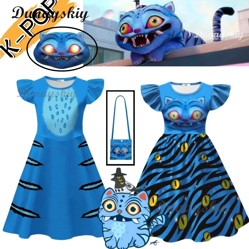 

Kpop Охотники на демонов Косплей Костюм Тигр Аниме Девушки Летнее платье с принтом Мультяшное платье с летающими рукавами + сумка на Хэллоуин