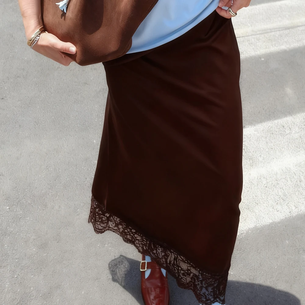 

Women Fairycore Silk Satin Half Slip Long Skirts Lace Patchwork Elastic Waist Long Skirts Elegant Silky Flowy A Line Midi Skirts