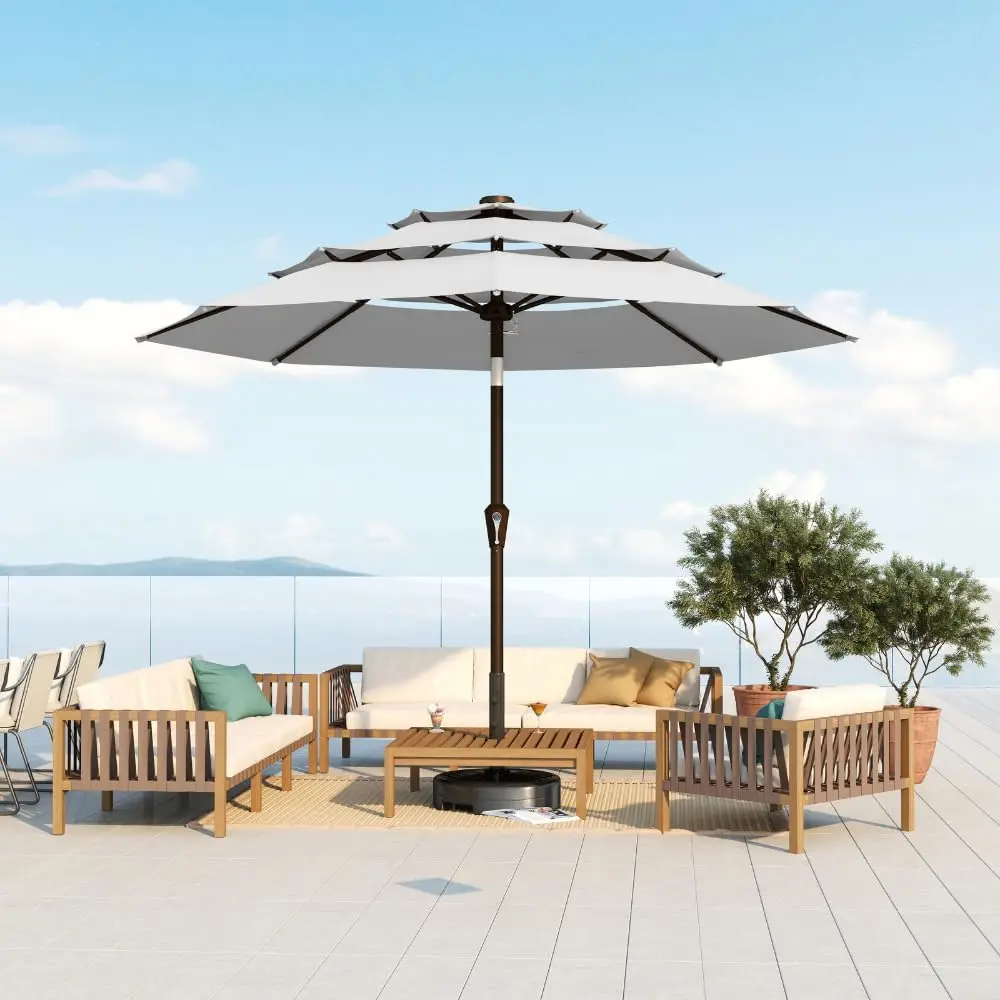 

10FT Patio Umbrella 3 Tiers Outdoor Market Umbrella with Push Button Tilt and Crank for Garden Pool Backyard Deck Lawn Light