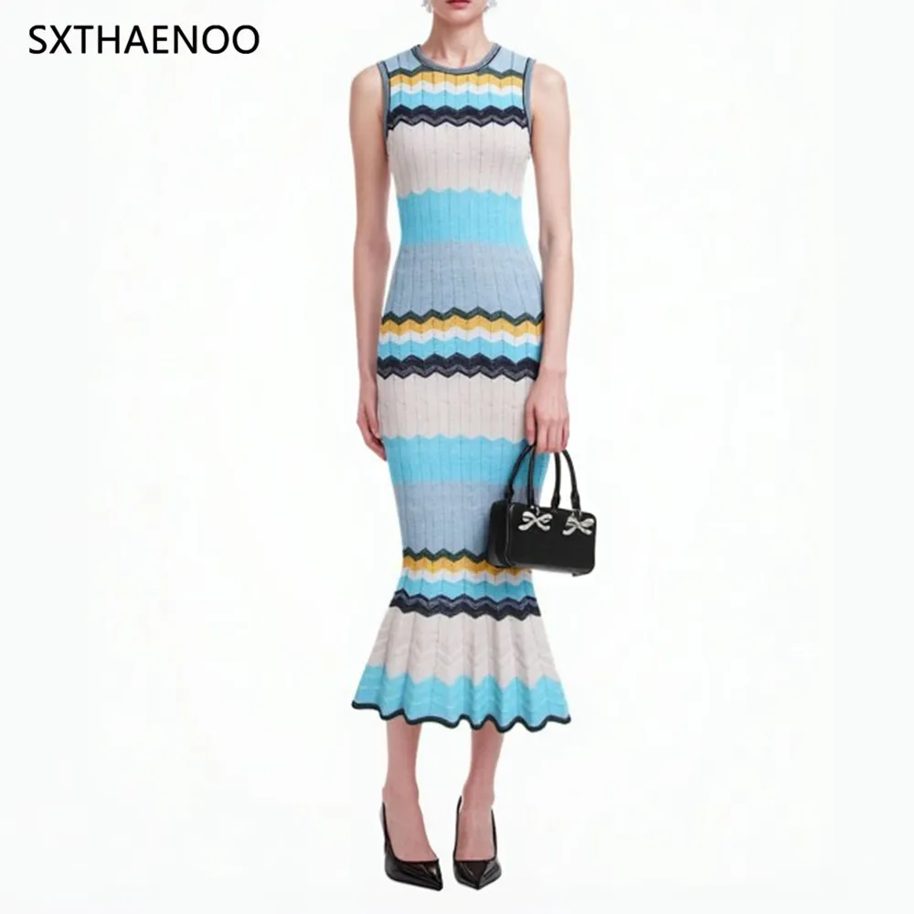 SXTHAENOO Design di lusso lavorato a maglia Dubai arabo lungo maxi abito da donna elegante senza maniche abiti vintage indossano abito Boho alla moda 2025