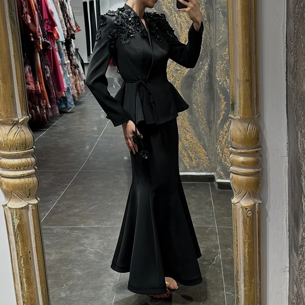 ชุดราตรีทรงเอไลน์แบบสั่งตัด ความยาวระดับข้อเท้า คอวี แขนยาว ชุดออกงาน แฟชั่นลายดอกไม้ เรียบง่าย ผ้าพลิ้ว ชุดลำลองสำหรับงานปาร์ตี้