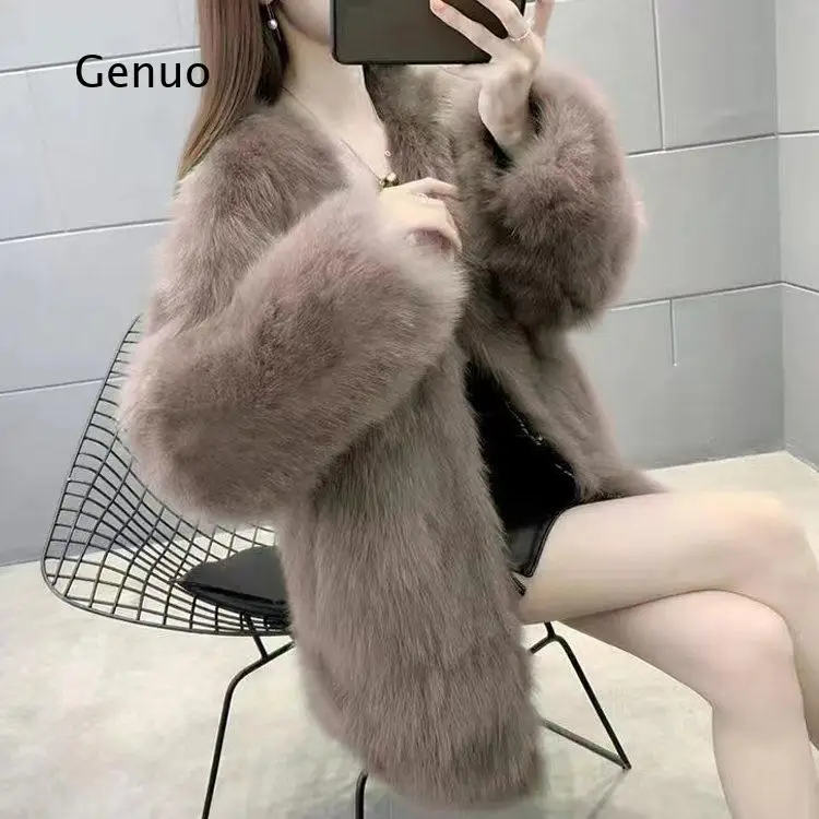 Women's Faux Fox Fur Coat Medium Long Winter Warm Outerwear Elegant Fluffy Jacket for Daily Party Streetwear Fashion