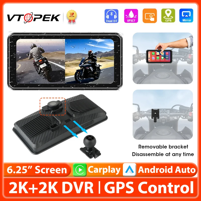 

6,25-дюймовый 2K + 2K мото видеорегистратор для мотоцикла Carplay GPS-навигация Беспроводной Android Auto IPX7 Водонепроницаемый съемный монитор BT5.0 WiFi