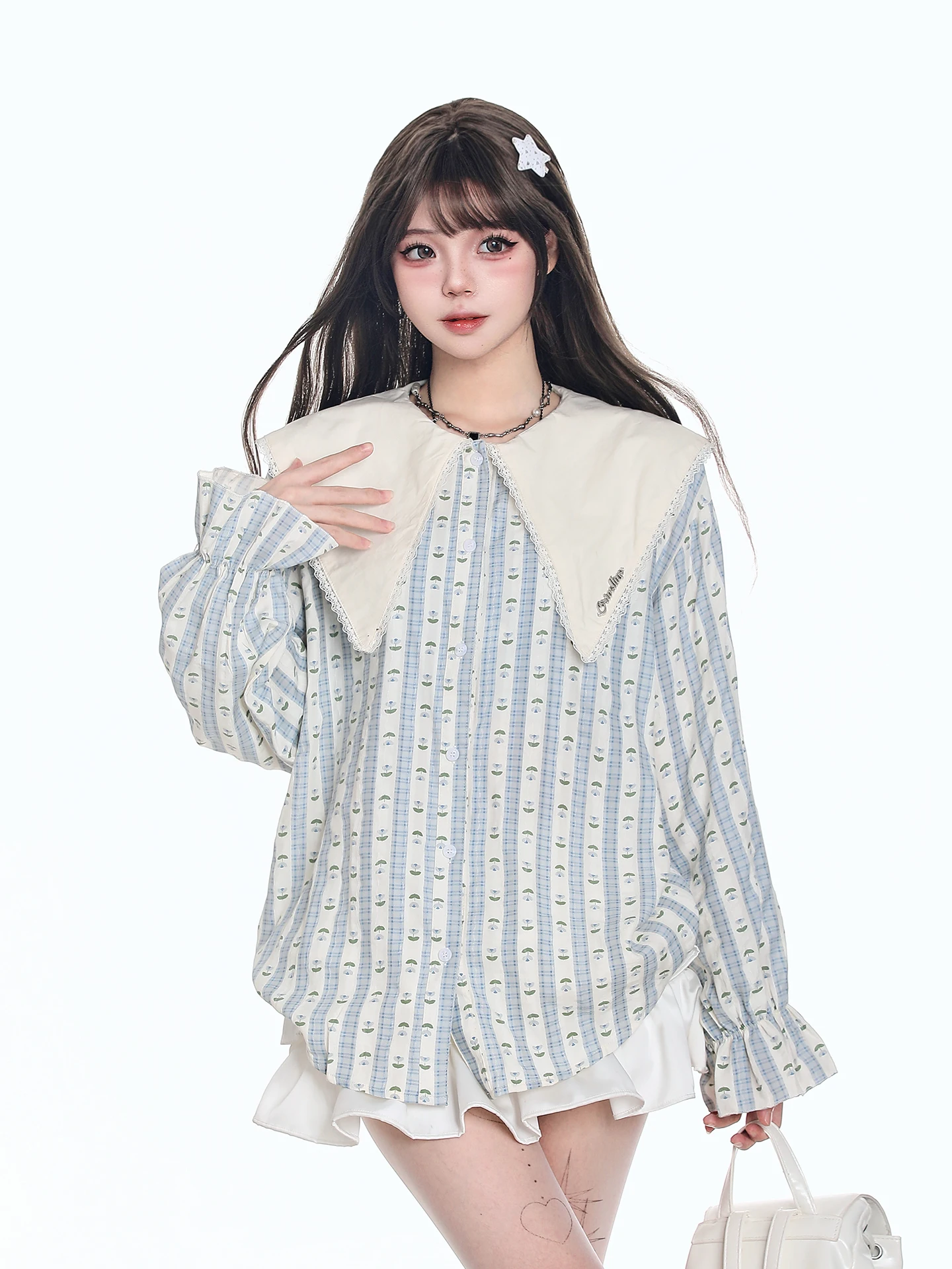 

Sweet Sle Long Sve Loose Fit Women's irt Casual Loose Collar Large Turn-down Cardigan Coat Korean Design Striped Pattern