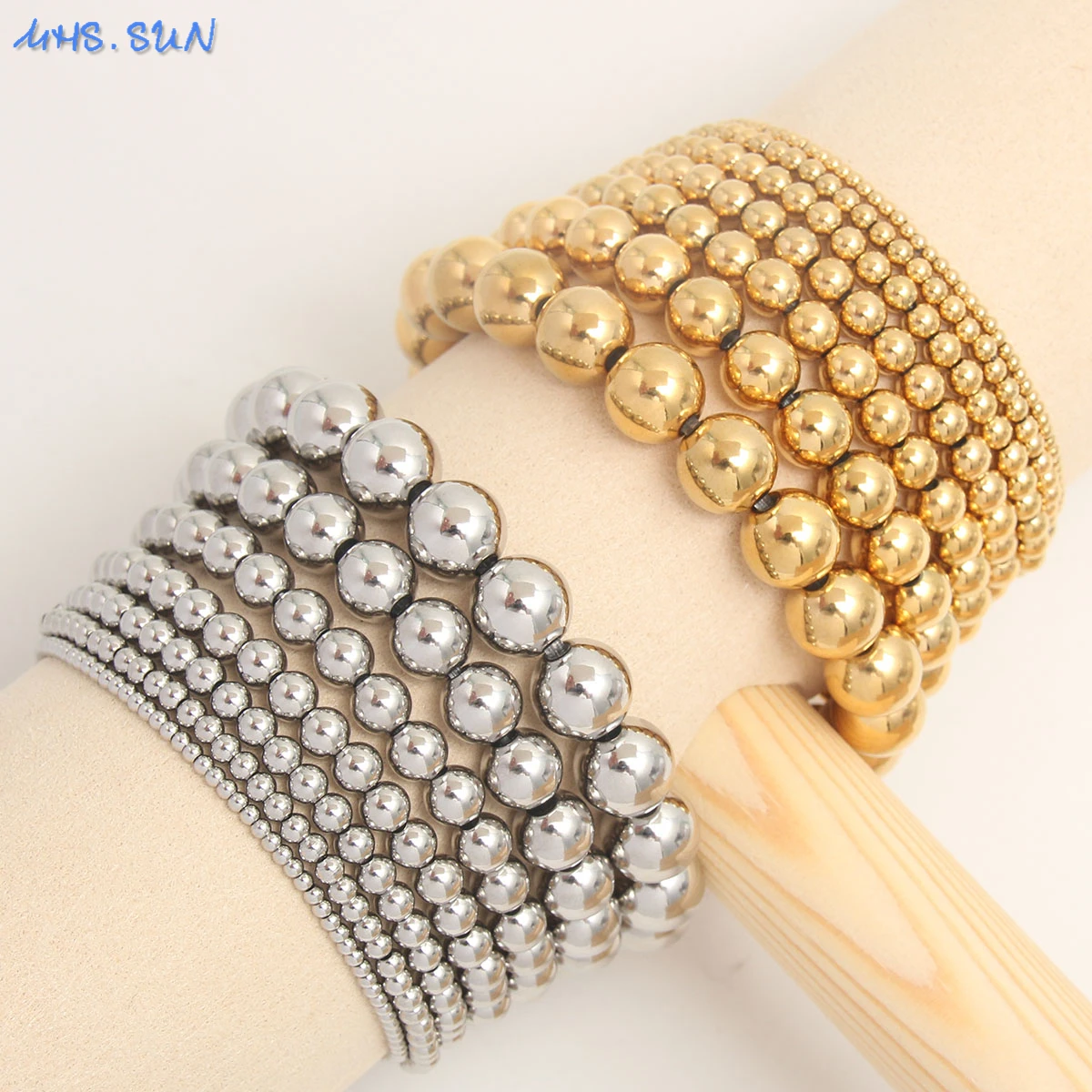 MHS.SUN Trend Stretch Stainless Steel Bracelets Gold Sliver Color 2MM 5MM 8MM Stacked Ball Beaded Bracelet For Women Men Jewelry