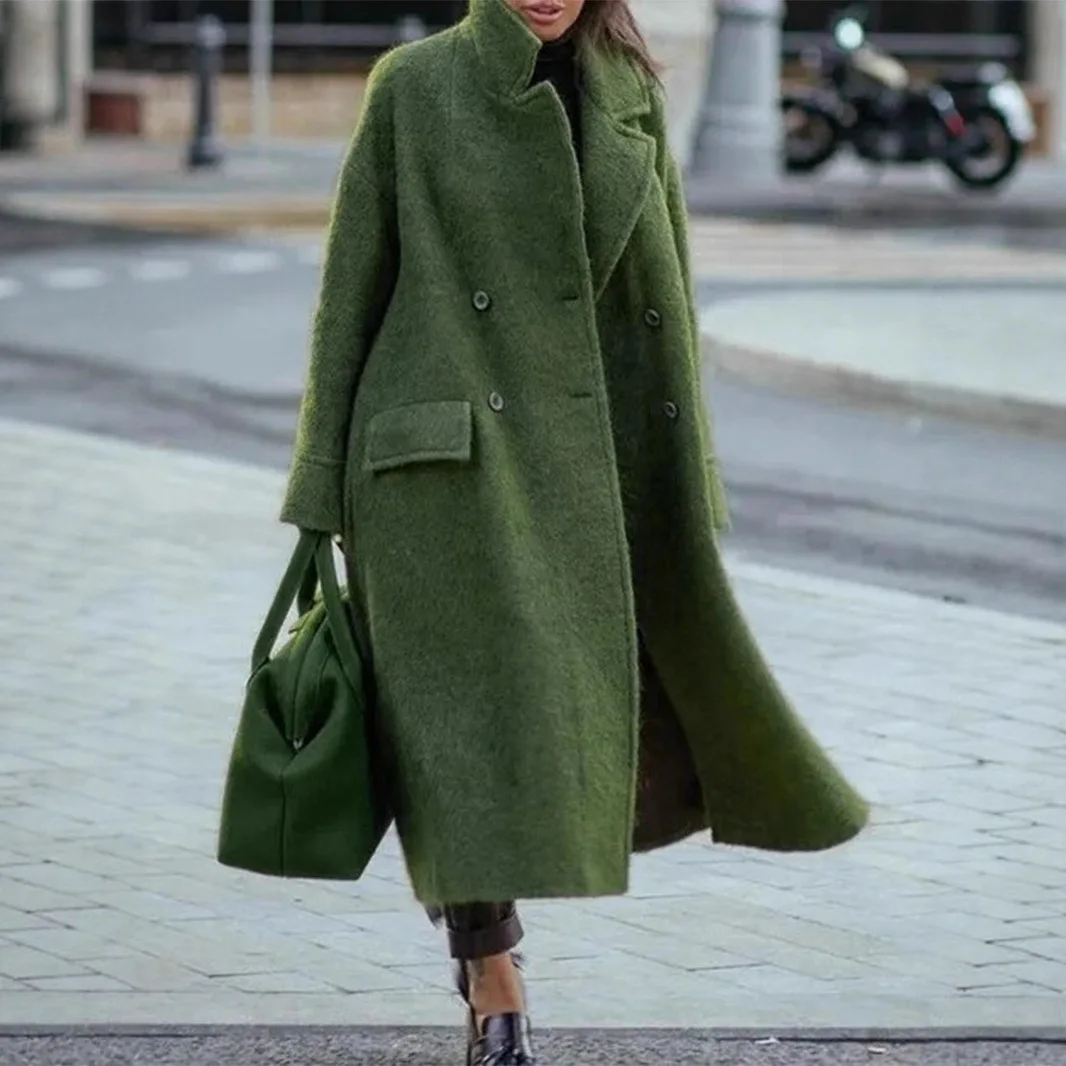 2025 Autumn and Winter Women's Leisure Long Pure Color Warm Wool Coat