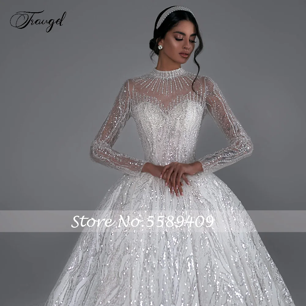 Traugel Ball Gown Gorgeous Wedding Dresses High Neck Long Sleeve Vestido De Novia Lace Sequined Shiny Royal Robe De Mariee