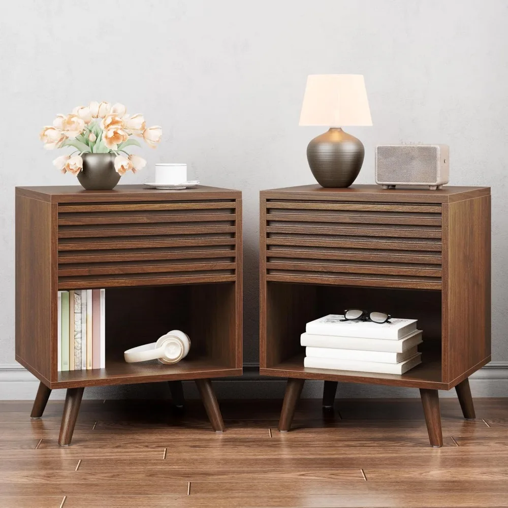 Pair of Mid Century Modern Nightstands, Wooden Fluted Side Tables with Drawer Storage for Bedroom Use
