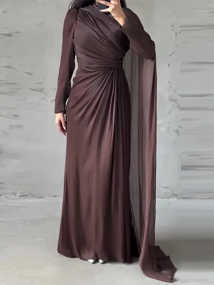 여성 패션 하이웨이스트 드레이프 롱 드레스 캐주얼 언밸런스 솔리드 컬러 슬림 가운 드레스 우아한 O넥 긴팔 가을 드레스