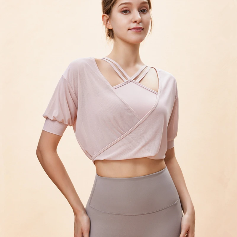 

Летняя женская свободная тонкая рубашка для йоги с короткими рукавами, футболка для бега, сетчатая дышащая спортивная рубашка для девочек, топ с v-образным вырезом для тренажерного зала и фитнеса, блузка