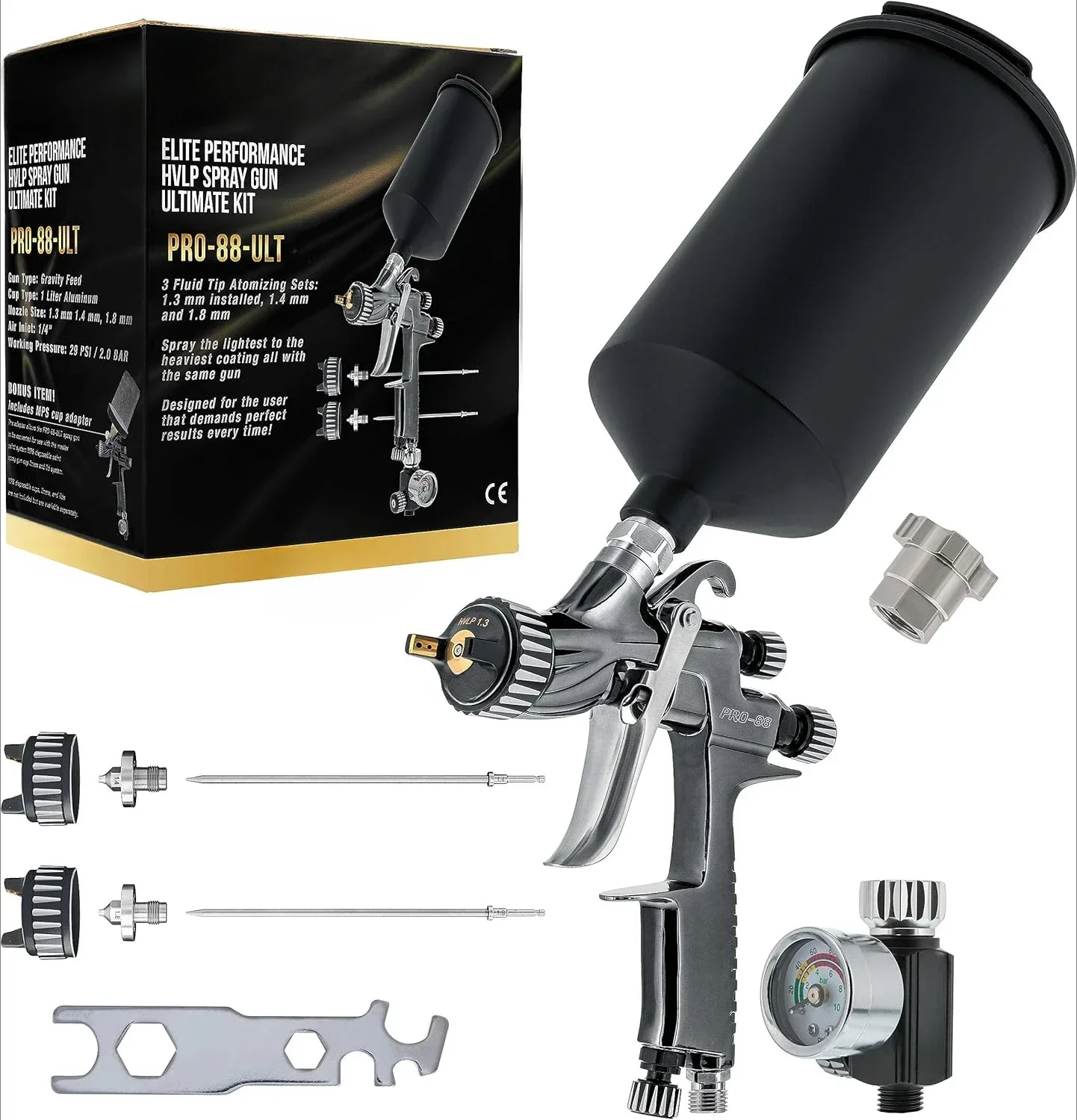 Elite Performance PRO-88 Series HVLP Spray Gun Ultimate Kit with 3 Fluid Tip Sets 1.3, 1.4 and 1.8mm