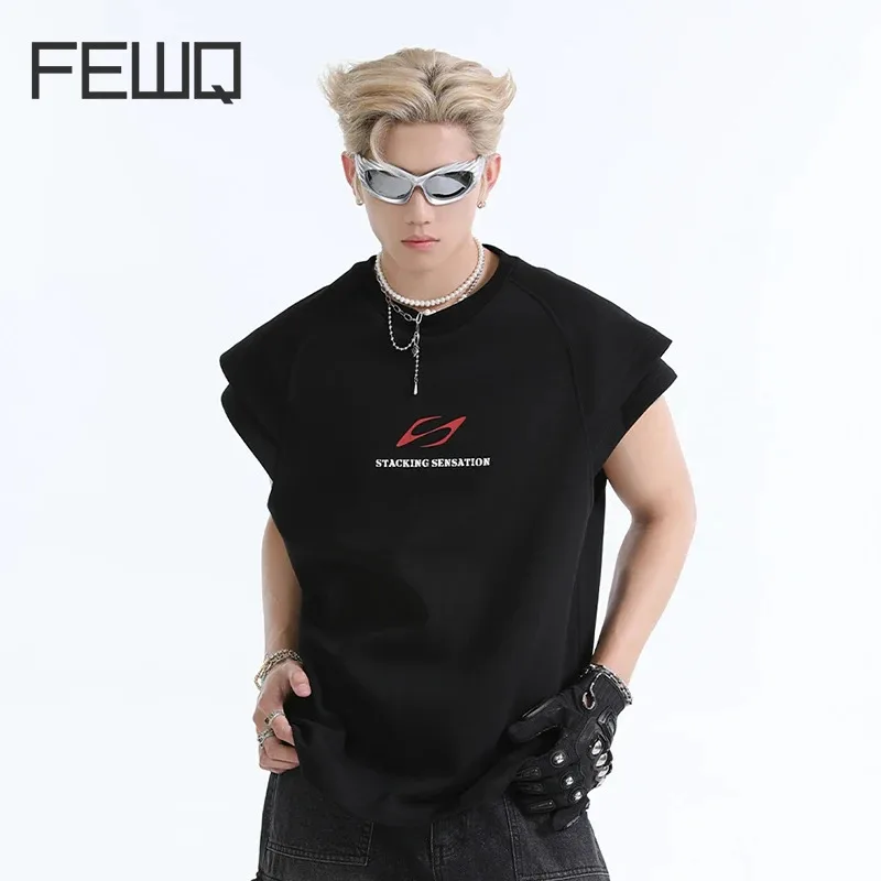 

FEWQ Niche Contrasting Letter Print Fake Two Piece Should Pad Short Sleeved 2024 Round Neck Casual Male Tops Fashion 24E1689