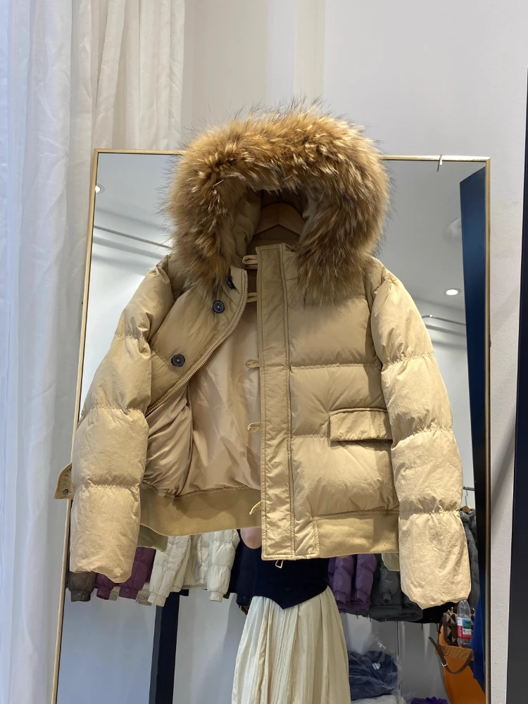 Super Große Echt Waschbären Pelz Kragen Unten Jacke Winter 90% Weiße Ente Puffer Mantel Frauen Lose Verdickt Warme Beiläufige Kurze Parkas