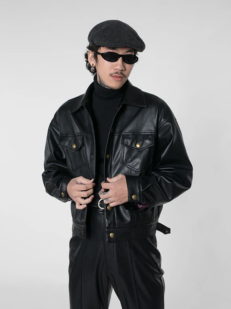 Leather Coat Men's and Women's Same Style Detachable Collar Black American Retro Casual Single-Breasted Casual Autumn and Winter