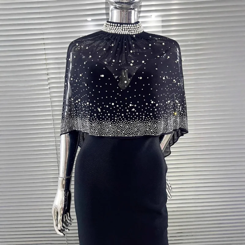 Recién llegado, vestido negro sin tirantes con capa transparente de diamantes de imitación de estilo francés, vestido de noche de fiesta elegante a la moda