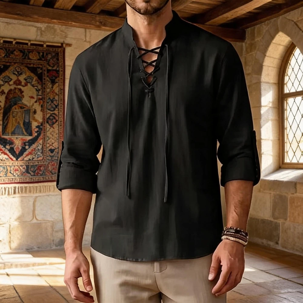 Men Vintage Medieval Lace Up Shirt, Stand Collar Roll-up Sleeve Tunic for Renaissance Pirate Halloween LARP Cosplay & Daily Wear