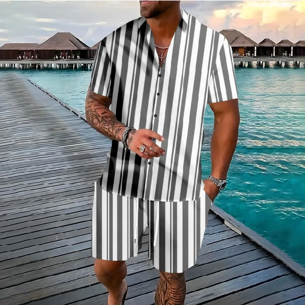 Hawaiian Stripe Multicolor Button Shirts Shorts Summer Beach Sets Hipster Casual Vacation Streetwear Tracksuit Men Clothing