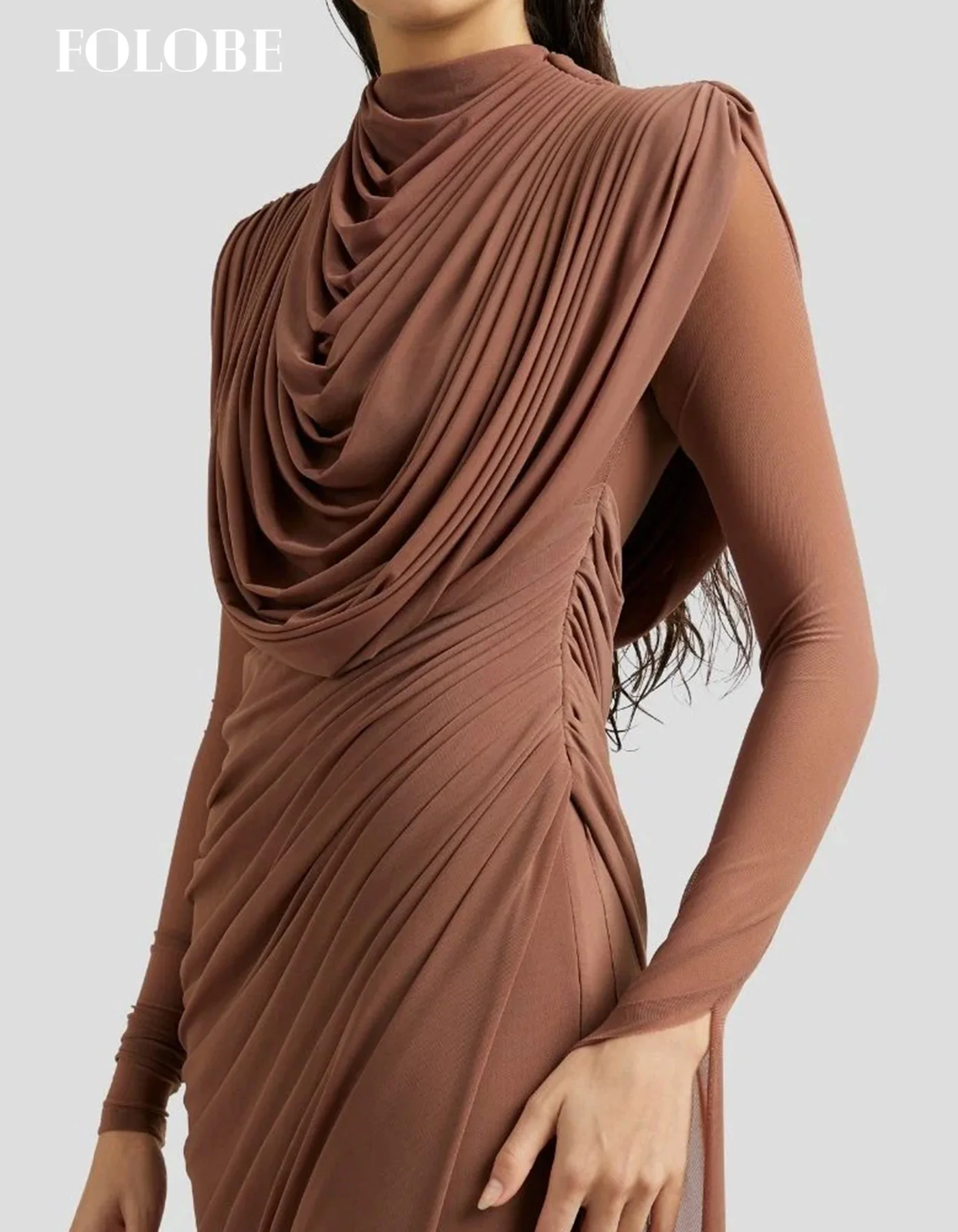 FOLOBE chiffon bruin avondjurk volledige mouwen zeemeermin plus prom feestjurken elegante eenvoudige maxi galajurken op maat