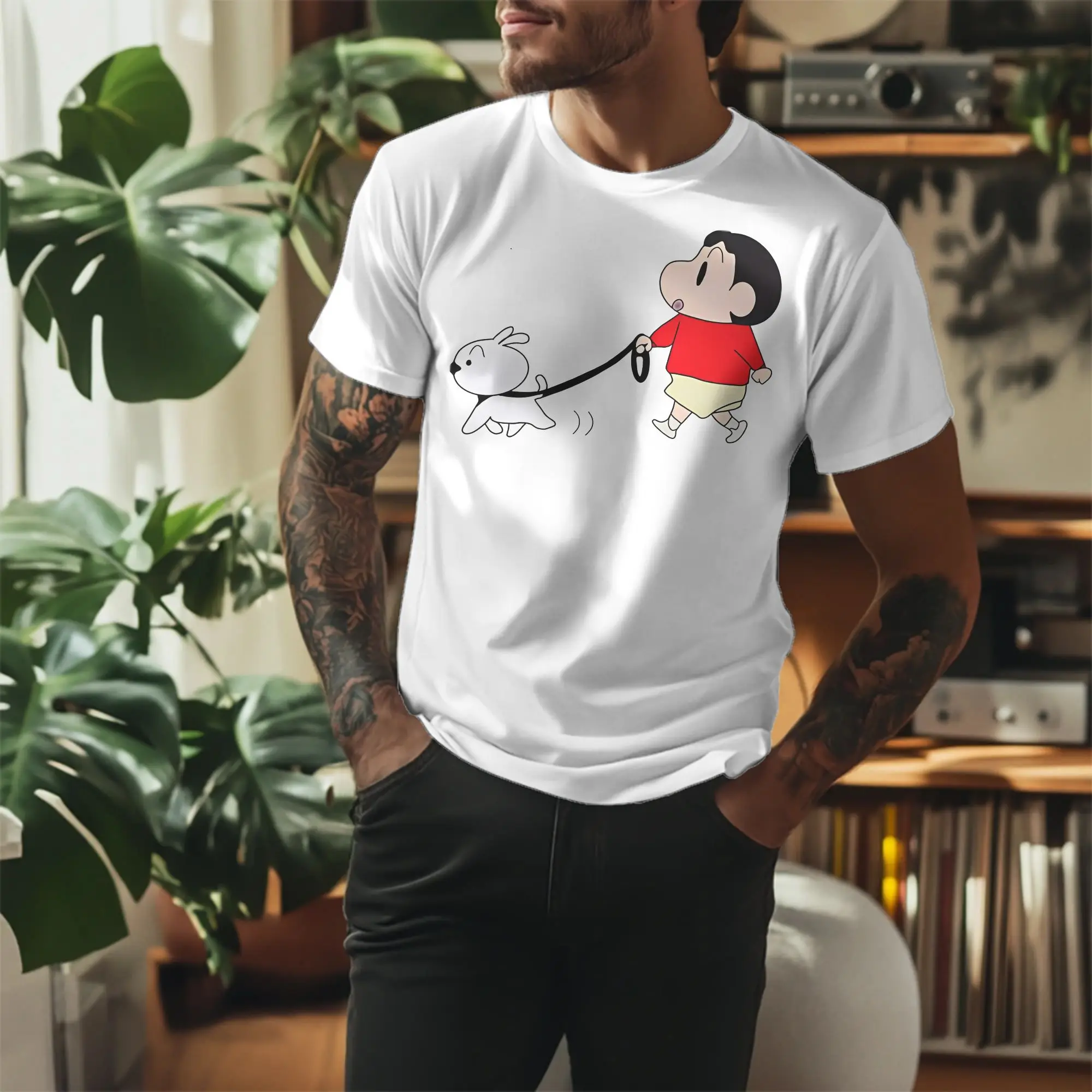 Crayon Shin-Chan Takes Shiro Out For A Walk T Shirts for Men Cotton Humor T-Shirts Crewneck  Tee Shirt Short Sleeve Clothing 6XL