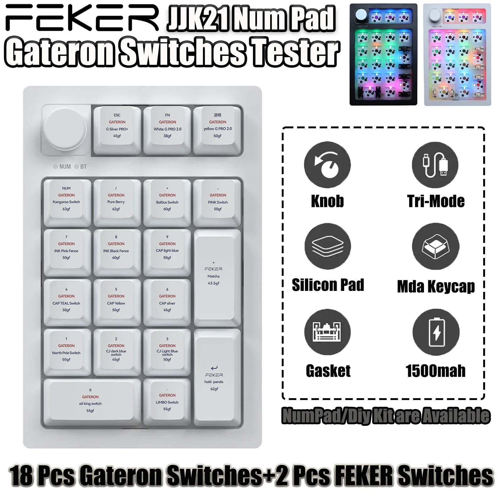 FEKER-Testeur de clavier mécanique JJK21, commutateurs NumPad Gateron, 3 modes, 2.4G, Bluetooth, overd'absorption, 1500mAh, kit de bricolage, pomme chaude, joint RVB