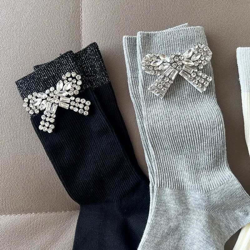 Bow Tie Crystal Rhinestone Charm Slouch Junk Socks Women