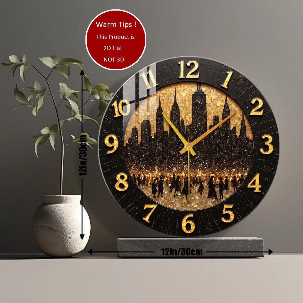 Tempered Glass Wall Clock Cityscape Silhouette Crowd Night Gold Clock Suitable For Wall Decor or Tabletop Display Anywhere