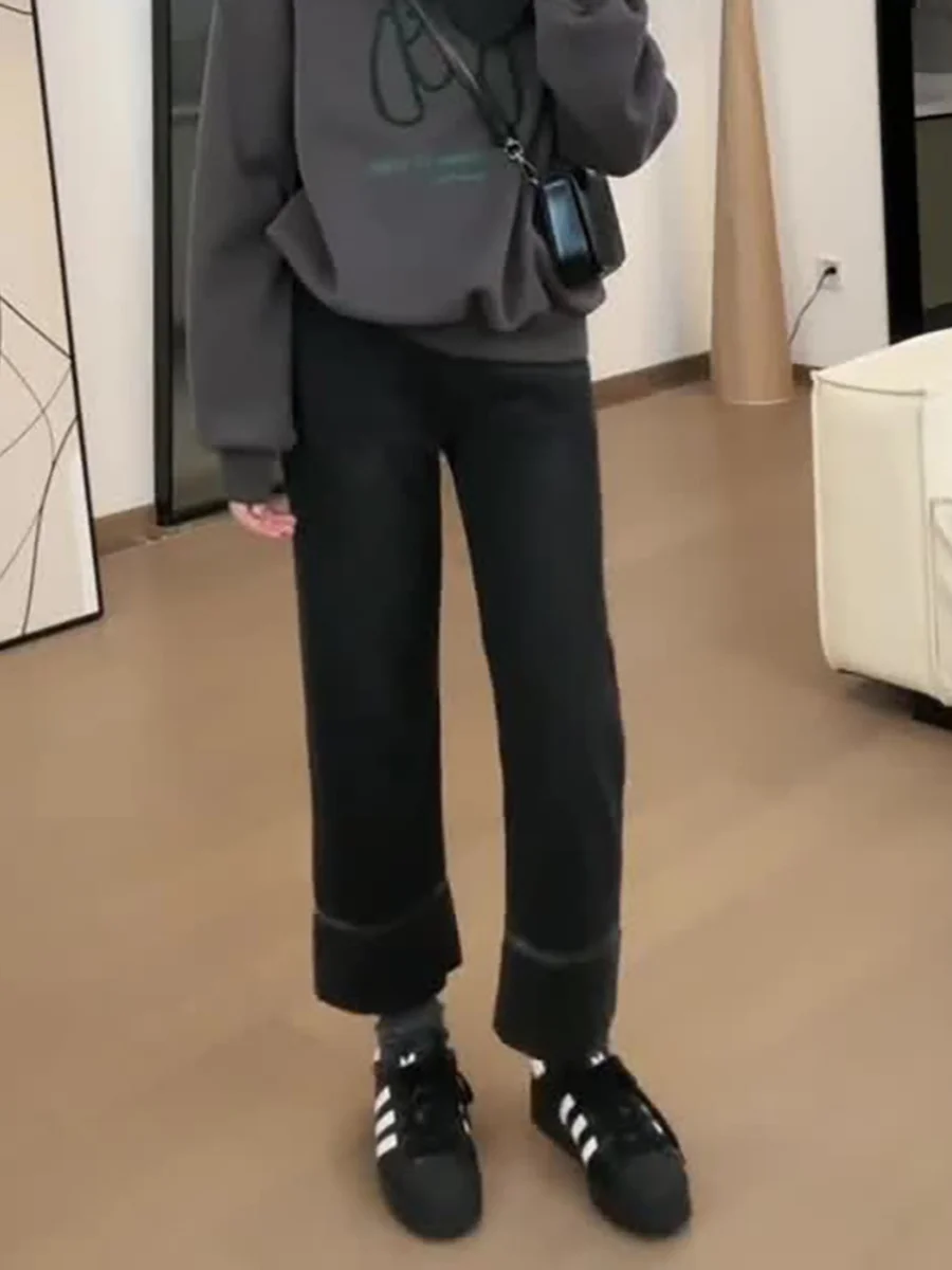 

High Waist Wide Leg Jeans Women's Autumn Winter New Style plus Size Elastic Straight Nine Points Pants Pear Shape Body Fit