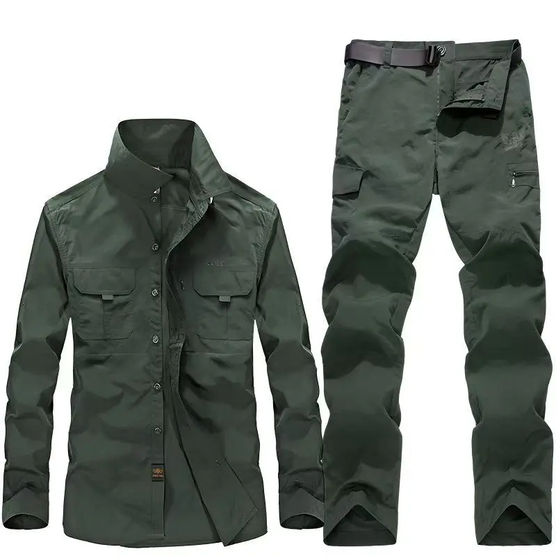 2025 Men's Summer Quick-drying Clothing Pants Set Casual Loose Outdoor Workwear Sports Suit Work Casual Shirts Pants Sets