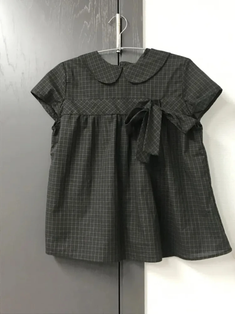 

Korean Sle Girl's Vintage Plaid irt with Bow Collar ort Sve Commute Regular Fit Summer Faion Ladies' Top