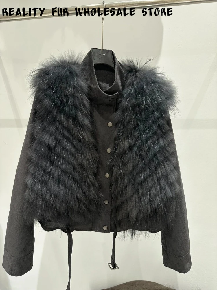 Women Genuine Fur Coat Ladies Short Stand Collar Jacket Long Sleeve Windproof Daily Winter Cold Weather Protection Outerwear