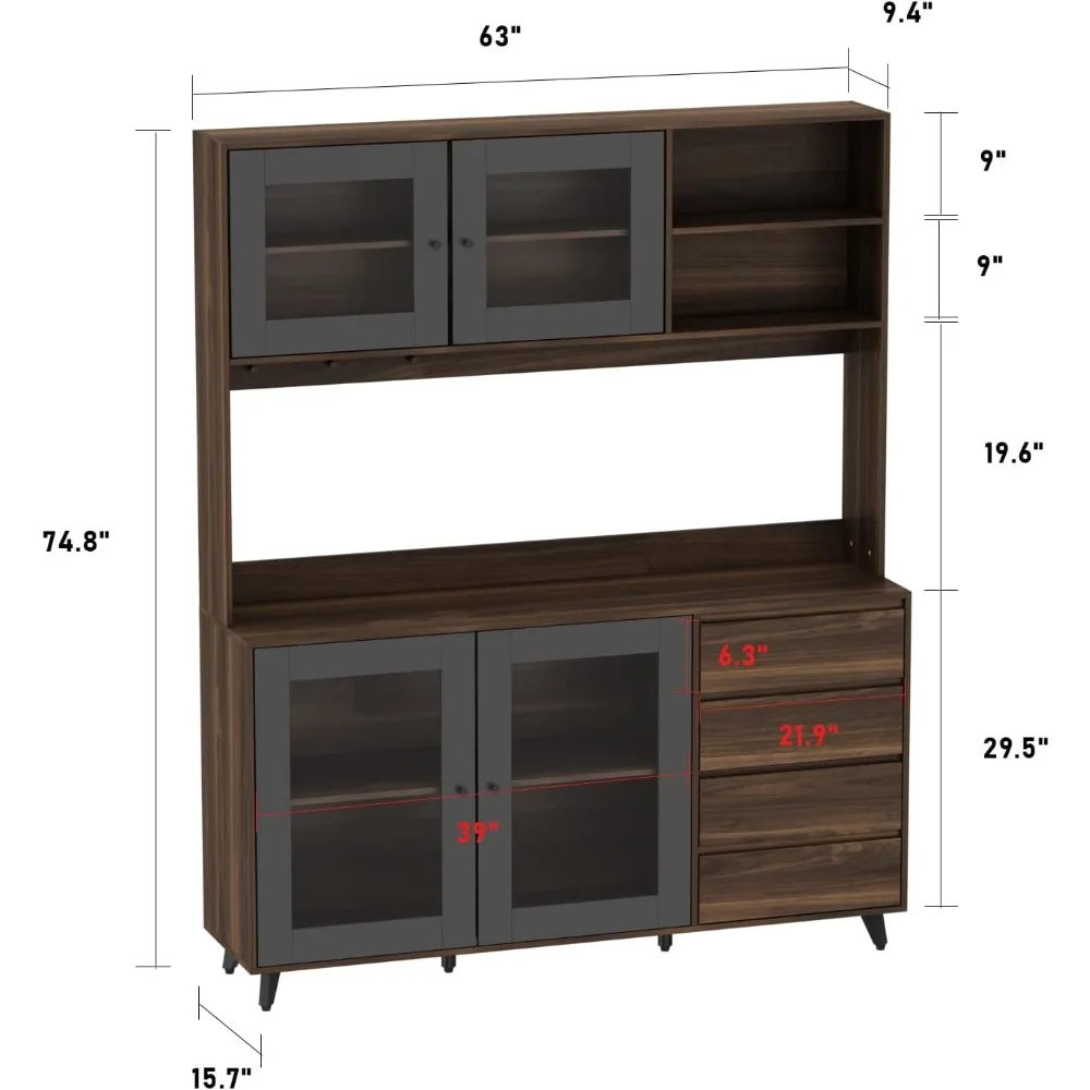 Pantry Cabinets with Hutch, Freestanding Cupboard with 4 Doors, 4 Drawers & Microwave Shelf, Kitchen Storage Buffet