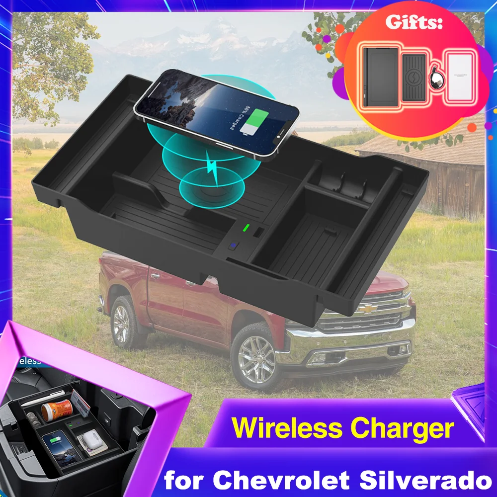 Car Wireless Charging for Chevrolet Silverado GMC Sierra Cheyenne 1500 2500 3500 2019~2022 Armrest Box Phone Fast Charger Plate